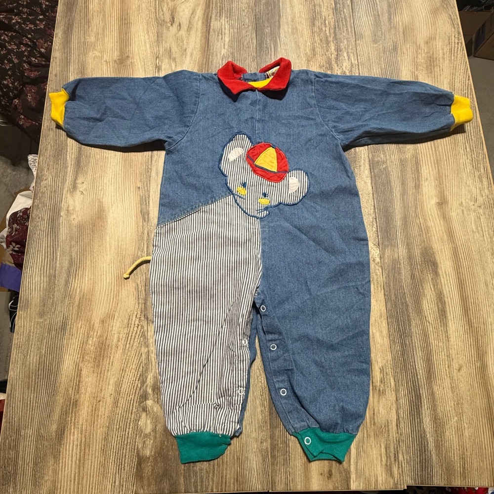 Vintage Lightning Bug Denim Elephant Romper 18M Blue Primary Colors 90s Baby